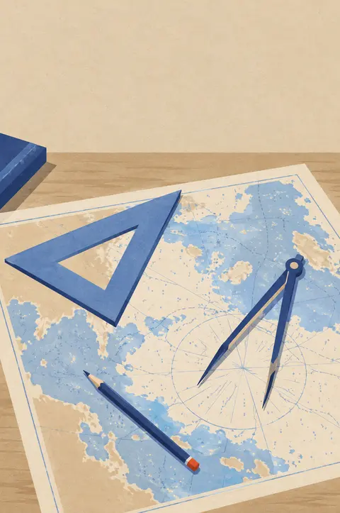 Seekarte mit Kursdreieck, Zirkel und Bleistift auf dem Kartentisch.